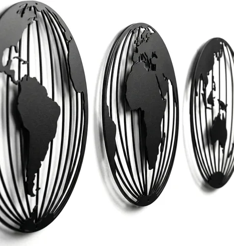 Miniatura 8 de DEKADRON - Arte de pared de mapa del mundo de metal, 3 globos de mapa del mundo, decoración de pared de metal, decoración de oficina en casa