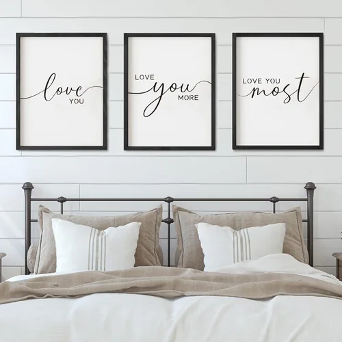Juego de 3 letreros con texto en inglés "I Love You More" con texto en inglés "I Love You Most Sign", decoración de pared para dormitorio y sala de