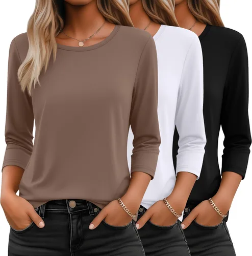 Miniatura 14 de Ficerd Paquete de 3 camisetas de manga 3/4 para mujer, cuello redondo, camisetas básicas elegantes, casuales, modernas, holgadas