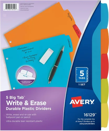 Avery Separadores de plástico duradero con pestañas grandes para escribir y borrar, juego de 5 pestañas para carpetas de 3 anillos, multicolor