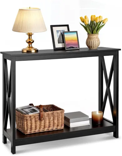 SUPER DEAL Mesa consola de 39.5 pulgadas, mesa auxiliar estrecha de 2 niveles con estante de almacenamiento, mesa de entrada para pasillo, Negro