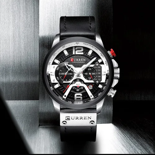 Miniatura 2 de Reloj de pulsera analógico de cuarzo para hombre, cronógrafo, impermeable, correa de cuero, correa de cuero, reloj de pulsera