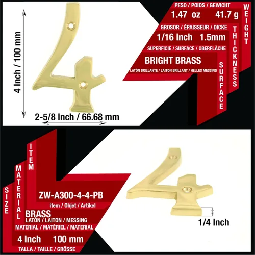 Miniatura 2 de A300 4 pulgadas latón brillante casa número 4/ZhongWang Hardware A300 Casa de latón brillante de 4 pulgadas número 4 Bright Brass