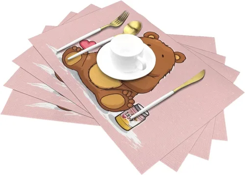 Miniatura 6 de 6 PCS PVC Placemats Set Place Mats Bear Holding Bottle of Honey Non-Slip Weave Place Mats 12" x 18" Farmhouse Table Mat Set for Family Dinners