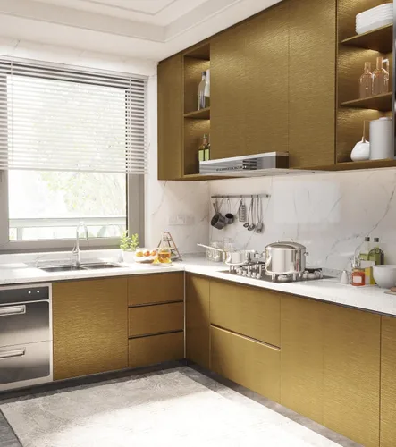 Miniatura 6 de Papel de contacto de color latón dorado mate, 23.7 x 393.7 pulgadas, papel tapiz para despegar y pegar para gabinete de cocina, encimera, cubierta