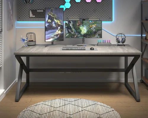 Miniatura 14 de HSH Escritorio Largo de 70 Pulgadas Negro, Escritorio Grande de Metal y Madera para 2 Monitores, Escritorio Moderno para Computadora de Oficina