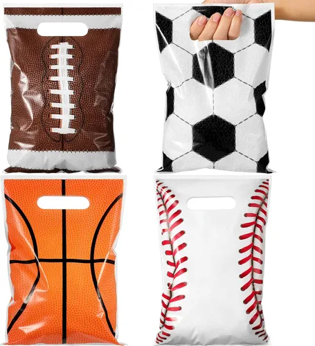 Funrous 24 Pcs Football Sports Party Favor Bags Soccer Candy Gift Plastic Goodie Treat Bags Bulk with Handles for Baseball Basketball Theme Event
