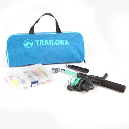 Kit de pesca con caña, carrete predistribuido, aparejos, ganchos, estuche de transporte con cremallera -