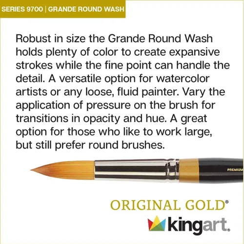 Miniatura 5 de KINGART Cepillo de artista de la serie GRANDE ROUND WASH Gold 9700-26, pelo sintético Taklon dorado, mango corto, para acuarela, acrílico y pintura