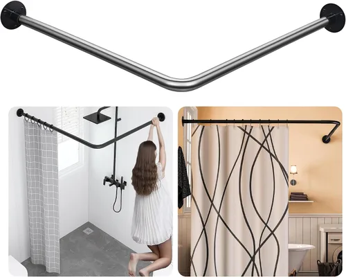 Miniatura 11 de Barra extensible de cortina de ducha en esquina de bañera en forma de L de acero inoxidable 304, instalación sin taladro, para baño, tienda de ropa