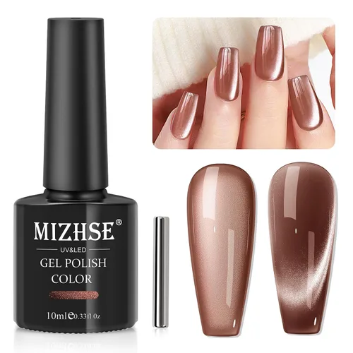 MIZHSE Esmalte de uñas de gel de ojo de gato: Esmalte de gel magnético marrón con barra magnética, efecto mágico de color otoñal, esmalte de uñas