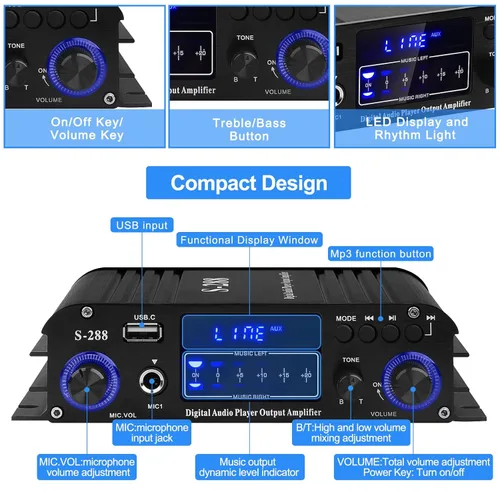 Miniatura 5 de Amplificador de audio estéreo para altavoces del hogar S-288 Bluetooth 5.0 HiFi Mini amplificadores de componentes de audio Receptor 4.0CH RMS 40Wx4