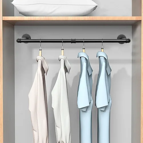 Miniatura 7 de Barra industrial de hierro para colgar ropa, para montar en la pared, perchero resistente para dormitorio, cuarto de lavado, almacenamiento de Negro