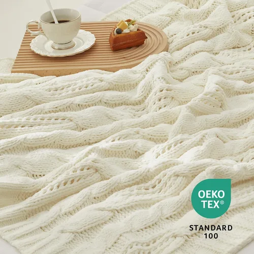 Miniatura 7 de Amélie Home - Manta de punto gruesa de punto trenzado, manta de cable de chenilla suave y transpirable de doble cara para sofá, manta decorativa