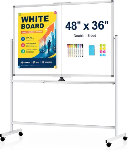 Miniatura 9 de Pizarra Blanca Rodante Grande de 48" X 36", Rotación de 360° Pizarra Blanca Magnética con Soporte, Caballete de Pizarra Blanca de Doble Cara sobre