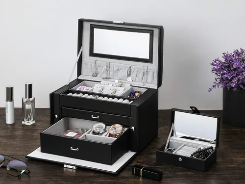 Miniatura 6 de GUKA Joyero para mujer joyero con 2 cajones diseño de cuero con cerradura con espejo estuche de viaje para collares aretes anillos relojes estuche