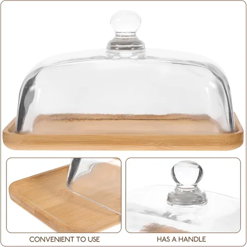 Miniatura 3 de Hemoton Plato de vidrio transparente para tartas con base de madera y cubierta de cúpula – 6.69 x 4.52 x 3.50 pulgadas, bandeja de postre