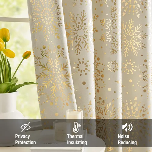 Miniatura 5 de Treatmentex Cortinas Opacas de Oro Marfil con Estampado de Copos de Nieve, Paneles de Cortina para Sala de Estar de 63 Pulgadas con Medallón Floral