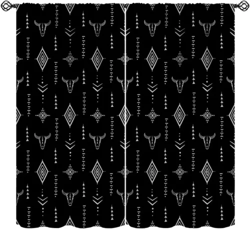 Cortinas aztecas tribales, cortinas nativas, boho, cráneo, patrón tribal nativo, oscurecimiento de habitación, bolsillo para barra, tratamiento de