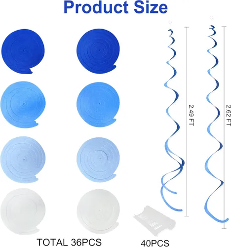 Miniatura 2 de 36 piezas de decoraciones de remolino colgante azul ombre, azul real blanco de fieltro, serpentina en espiral, guirnalda de techo para cumpleaños