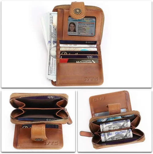 Miniatura 7 de Billeteras de cuero plegables para mujer, estilo vintage, hechas a mano, pequeño, con cremallera, Marrón, Billetera plegable