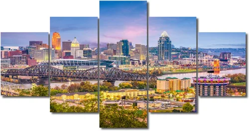 TUMOVO Fotos en lienzo de Estados Unidos, Cincinnati, Ohio, Skyline at Dusk para tu sala de estar, impresiones de paisaje urbano de rascacielos de