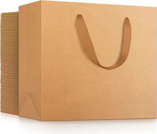 EUSOAR Bolsas de papel kraft para compras, 50 unidades, 10.6 x 3.1 x 8.3 pulgadas, bolsas de regalo de papel kraft marrón con asas, bolsa con asa al
