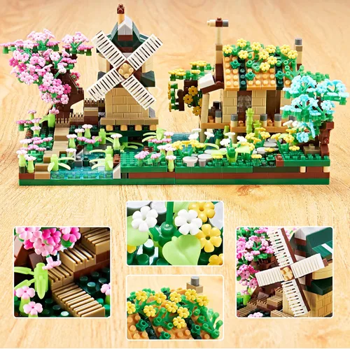 Miniatura 3 de Kadablk Conjunto de Construcción de Microbloques de Casa del Árbol Sakura, Conjunto de Construcción de Modelo de Molino de Viento de Amistad, 1200