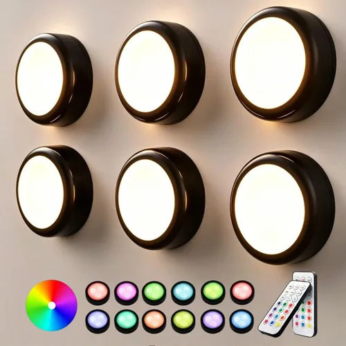 Miniatura 12 de Luces de disco con control remoto debajo del gabinete, luces de empuje que funcionan con pilas, mini luces LED sobre el gabinete, paquete de 2