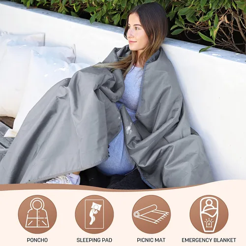 Miniatura 2 de Tirrinia Manta impermeable para exteriores con forro sherpa, resistente al viento, triple capa, cálida y cómoda, plegable para camping, estadio