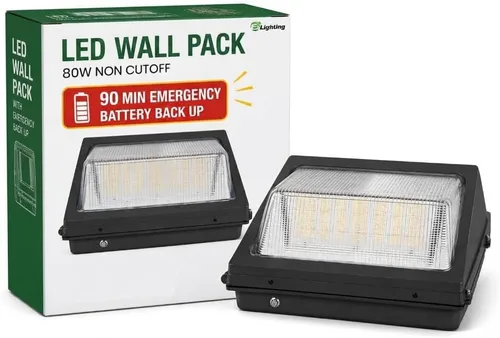 E2 LIGHTING Paquete de pared LED sin corte de 80 W/60 W con batería de emergencia Fotocélula de reserva del atardecer al amanecer comercial al aire