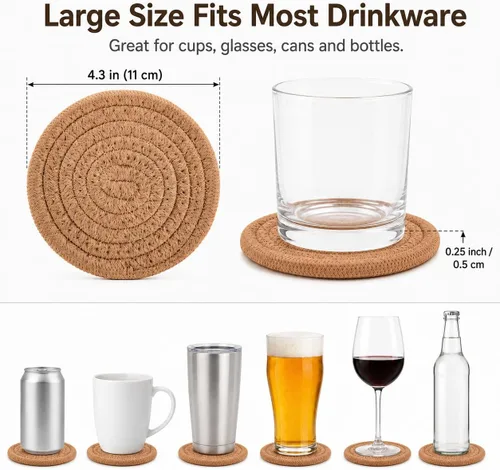 Miniatura 2 de ABenkle Juego de 6 posavasos tejidos para bebidas, posavasos absorbentes bohemios, 4.3 pulgadas, regalo perfecto para inauguración de la casa, Marrón