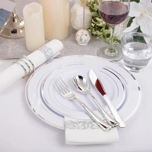 Miniatura 2 de I00000 - Juego de vajilla plateada de 700 piezas para 100 invitados - 100 platos para cena, 100 platos para postre, 100 vasos desechables de 10