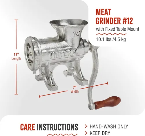 Miniatura 6 de Victoria Picadora de carne de hierro fundido con montaje fijo en la mesa, molinillo manual de salchichas y picadora de carne, número 12, fabricado
