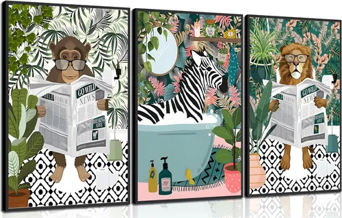 Miniatura 20 de 3 piezas de lienzo de animales de la selva para baño, arte de pared de cebra en la bañera, imágenes de mono león en el inodoro, lectura