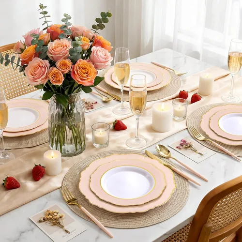 Miniatura 7 de WDF 30Guest - Platos de plástico rosa y cubiertos de plástico dorado con mango rosa, barroco rosa y dorado para bodas y fiestas de lujo, día