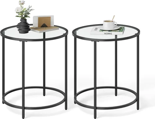 Miniatura 12 de VASAGLE - Mesa auxiliar redonda, mesa de centro de vidrio con marco de metal, mesa de café de estilo moderno, color negro, para sala de estar