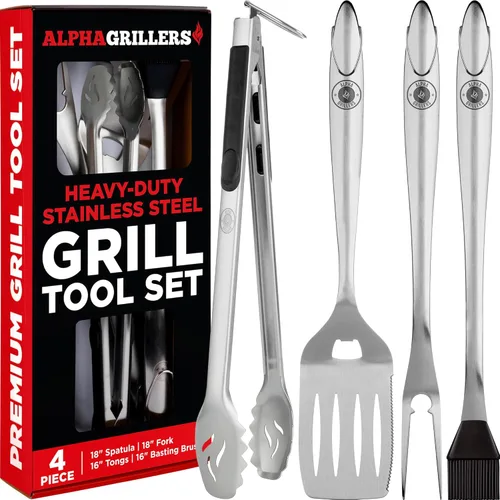 Alpha Grillers Accesorios para asar – Accesorios de barbacoa con espátula, tenedor, cepillo y pinzas – Utensilios de barbacoa al aire libre, regalo