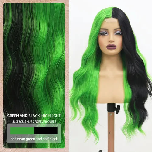 Miniatura 2 de Pelucas sintéticas de encaje frontal verde y negro, pelucas sintéticas de onda larga para mujer, 26 pulgadas (3/4 verde y 1/4 negro)