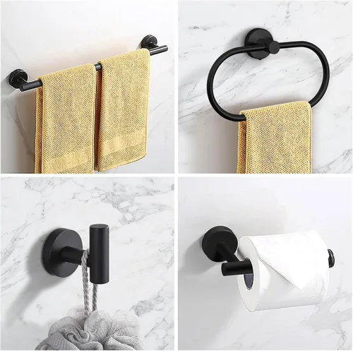 Miniatura 3 de Juego de 7 piezas de accesorios de baño, juego de estante de baño de acero inoxidable negro mate montado en pared, incluye barra para toallas de 16