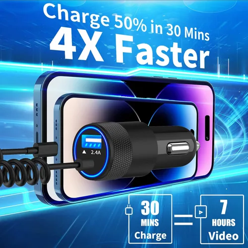 Miniatura 5 de Certificado MFi: cargador de coche para iPhone de carga rápida, cargador USB Caiinei 4.8A cargador de coche de carga rápida adaptador de encendedor