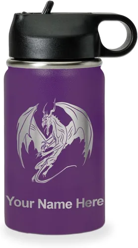 Miniatura 36 de LaserGram Botella de agua con tapa abatible de doble pared de 12 onzas con pajilla, dragón, grabado personalizado incluido (negro)