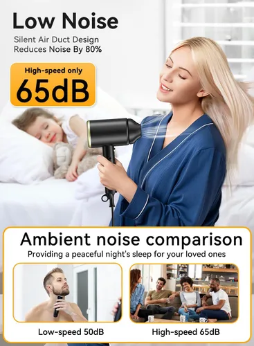 Miniatura 3 de Secador de pelo, secador iónico de 150000 rpm, secado rápido, bajo ruido, plegable portátil con difusor y boquilla, mini compacto para mujeres