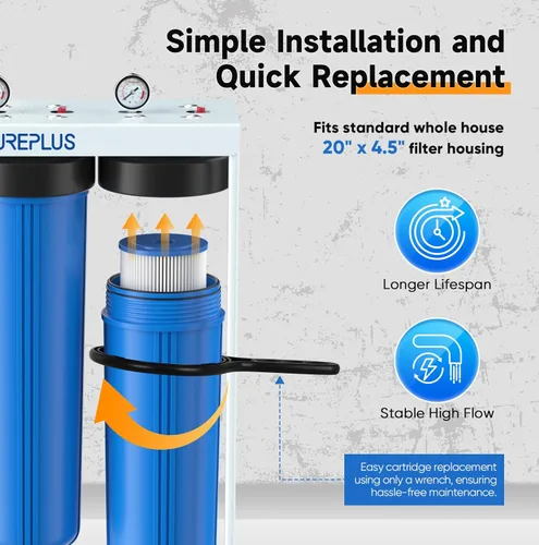 Miniatura 4 de PUREPLUS Filtro de agua de 3 etapas para toda la casa de 20 pulgadas, sistema de filtración para el hogar, prefiltro plisado, carbón activado