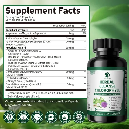 Miniatura 6 de Lukaree Cápsulas de Complejo Herbal de Clorofila, 60 Cápsulas Veganas de Clorofila para Desintoxicación, Digestión, Salud Intestinal y de la Piel