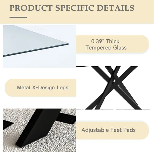 Miniatura 5 de Juego de mesa de comedor de cristal negro de 51 pulgadas para mesa de cocina de 4,5 piezas y sillas con patas de metal y 4 sillas de comedor de piel