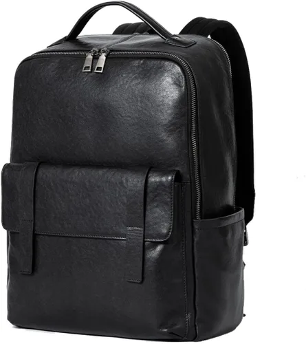 Miniatura 10 de Mochila para portátil de cuero genuino de 15.6 pulgadas para hombres y mujeres, mochila de viaje de negocios, mochila de senderismo (1#negro)