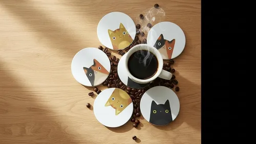Miniatura 11 de Juego de 6 posavasos redondos absorbentes de piedra de cerámica lindos para bebidas de gato para tazas y tazas, mesa de café, escritorio de oficina