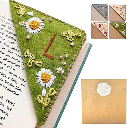 Miniatura 33 de Marcapáginas de esquina bordado a mano personalizado, 26 letras con costura a mano de fieltro, marcapáginas de esquina con bordado de flores lindo