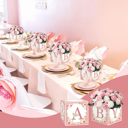 Miniatura 7 de TSVATE Decoraciones de cajas rosas para baby shower, 4 cajas de centro de mesa de baby shower, decoración de centro de mesa de primer cumpleaños